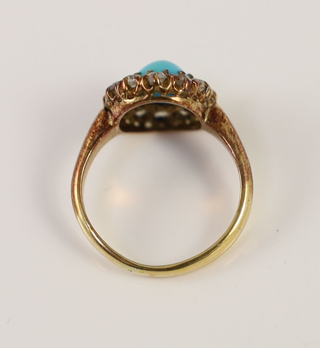 A late Victorian 18ct gold, turquoise and diamond set oval cluster ring